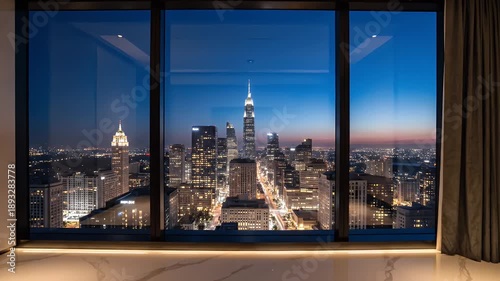 Modern Apartment Interior With Panoramic Cityscape View At Dusk With Skyscrapers And Twinkling Lights Visible Through