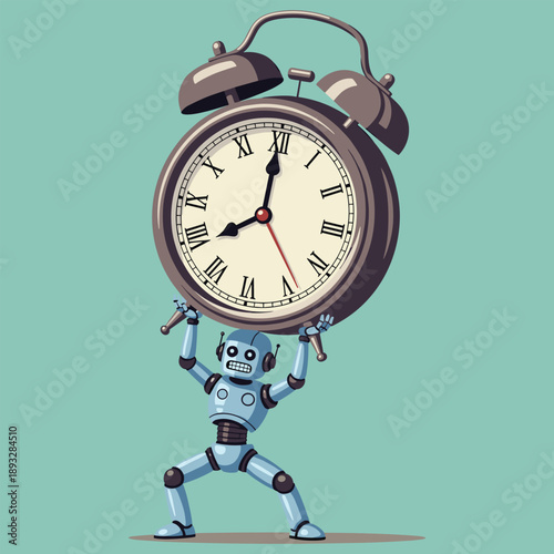 Small Blue Robot Straining to Carry a Massive Vintage Alarm Clock, Concept of Deadline Pressure, Time Management Struggles, Automated Labor Stress, and System Overload Vector Illustration