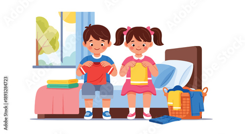Young siblings folding clean laundry together on the bed, modern flat vector highlighting cooperation, shared responsibility, and good daily habits at home