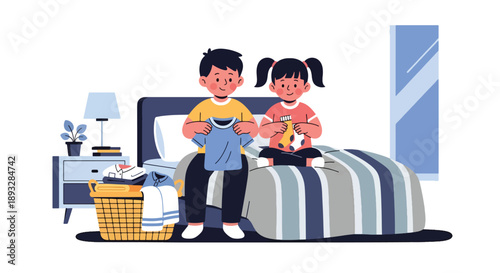 Young siblings folding clean laundry together on the bed, modern flat vector highlighting cooperation, shared responsibility, and good daily habits at home