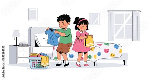 Young siblings folding clean laundry together on the bed, modern flat vector highlighting cooperation, shared responsibility, and good daily habits at home