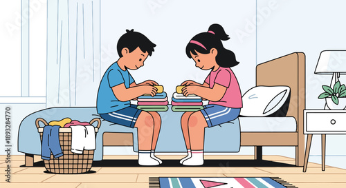 Young siblings folding clean laundry together on the bed, modern flat vector highlighting cooperation, shared responsibility, and good daily habits at home