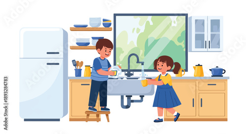 Little siblings washing dishes together in the kitchen, modern flat vector illustration promoting teamwork, cooperation, and shared household responsibility