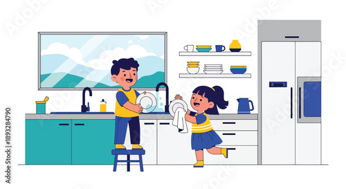 Little siblings washing dishes together in the kitchen, modern flat vector illustration promoting teamwork, cooperation, and shared household responsibility