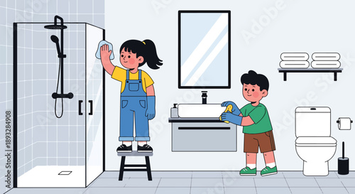 Siblings cleaning the bathroom together, modern flat vector showing cooperation, responsibility, hygiene awareness, and positive family routines