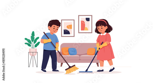 Young siblings sweeping the living room floor together, modern flat vector illustrating teamwork, care for home, and good daily habits