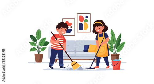 Young siblings sweeping the living room floor together, modern flat vector illustrating teamwork, care for home, and good daily habits