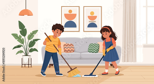 Young siblings sweeping the living room floor together, modern flat vector illustrating teamwork, care for home, and good daily habits