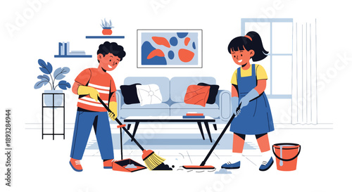 Young siblings sweeping the living room floor together, modern flat vector illustrating teamwork, care for home, and good daily habits