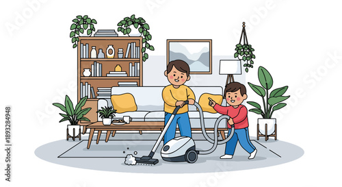 Brothers vacuuming the carpet together at home, modern flat vector promoting cooperation, responsibility, and shared household duties