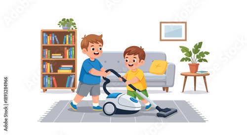 Brothers vacuuming the carpet together at home, modern flat vector promoting cooperation, responsibility, and shared household duties