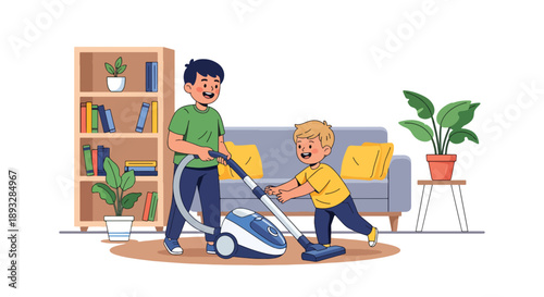 Brothers vacuuming the carpet together at home, modern flat vector promoting cooperation, responsibility, and shared household duties