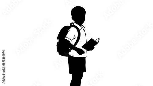 Silhouette of a young student carrying a backpack and holding a book.
