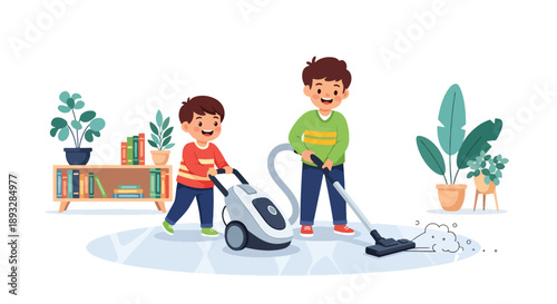 Brothers vacuuming the carpet together at home, modern flat vector promoting cooperation, responsibility, and shared household duties