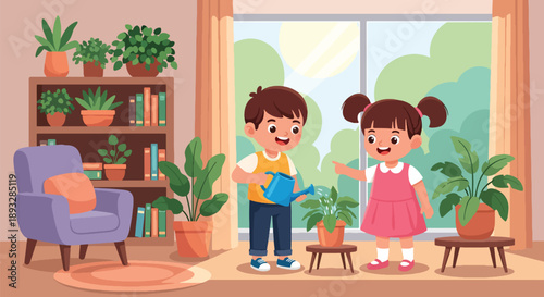 Siblings watering indoor plants together, modern flat vector illustrating teamwork, care for nature, and responsible daily habits at home