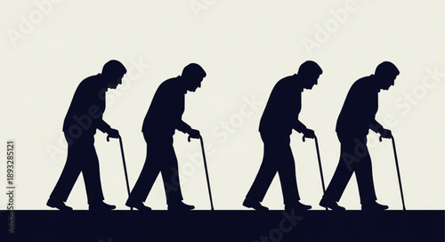 Silhouettes of elderly men walking with canes representing aging process.
