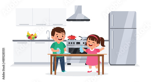 Young siblings wiping the kitchen table together, modern flat vector showing cooperation, cleanliness, and shared home responsibility