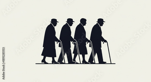 Silhouettes of elderly men walking with canes and walkers.