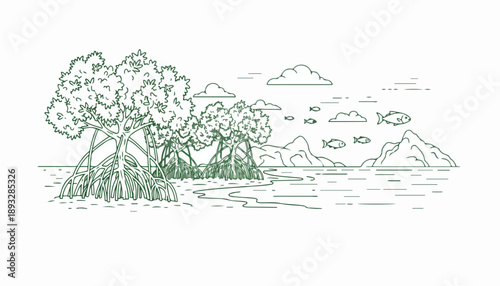 Green line drawing of mangrove trees and fish on World Wetlands Day against a white background with a minimalist landscape.