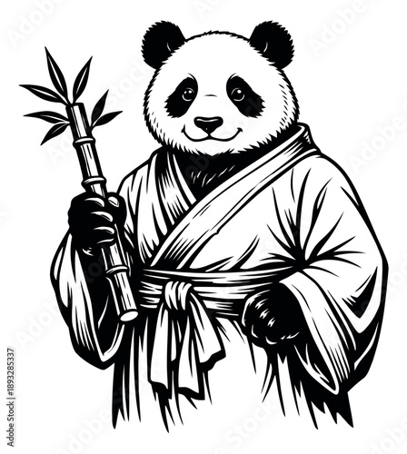 Line art illustration of a panda depicting a martial artist holding a bamboo staff for martial arts and nature themes