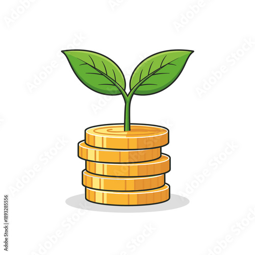 A new plant sprouts from a stack of gold coins, symbolizing growth and investment