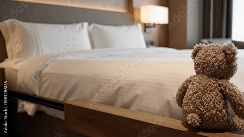 Cozy Hotel Bedroom With Teddy Bear On Bed And Warm Ambient Lighting