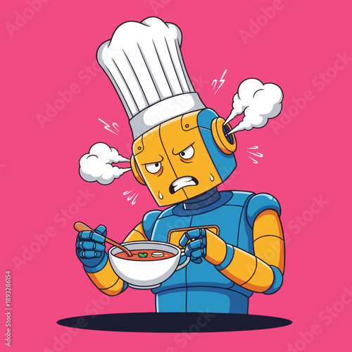 Stressed Robot Chef Steaming from Ears While Holding Soup, Concept of System Overheat, Automated Cooking Mishap, High-Pressure Workplace Stress, and Technical Glitch Vector Illustration