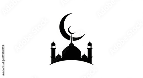 Black silhouette mosque with crescent moon and minarets on white background islamic architecture symbol