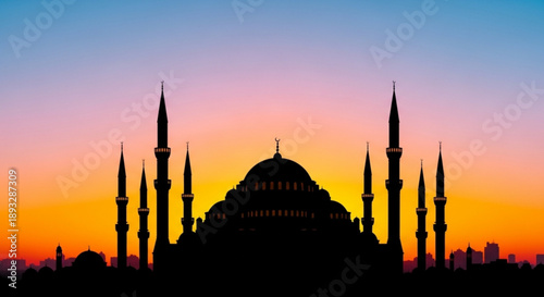 Silhouette of a mosque with minarets against a vibrant sunset sky with orange yellow and blue hues religious architecture at dusk