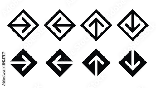 Square Diamond Shape UI UX Arrow Icons Set for Up Down Left Right Navigation Cursor in Black and White