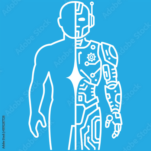 Split Silhouette of a Human and a Cybernetic Robot, Concept of Transhumanism, Technological Augmentation, Biological-Mechanical Interface, and Future Identity Line Art Illustration