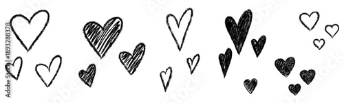 Vector set of hand-drawn black hearts in bold crayon style. Collection of charcoal heart doodles and sketchy love symbols for Valentine's Day, wedding, nursery, and creative scrapbook design.