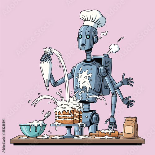 Multi-Armed Robot Chef in Hat Failing to Decorate a Cake with Exploding Frosting, Concept of Technical Malfunctions, Culinary Automation Glitches
