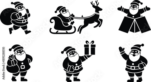 Black silhouette vector illustration set featuring various Santa Claus characters with gifts reindeer and sleigh for Christmas holiday winter season and festive celebration design