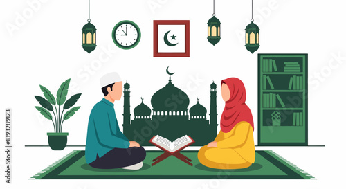 Muslim Couple Praying Together at Home with Quran Ramadan Kareem ramadan kareem.