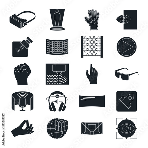 Spatial computing and augmented reality line icons vector set. VR AR headset gesture control immersive metaverse interface and autonomous agent workflow technology symbols