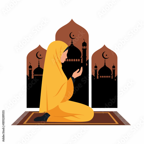 Muslim woman praying on prayer mat ramadan.
