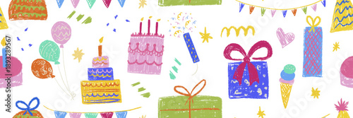 Seamless vector pattern of hand-drawn birthday party elements. Colorful crayon doodle of cake, gifts, balloons, and bunting for kids celebration background, gift wrap, and nursery wallpaper design.