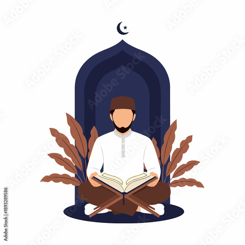 Muslim man reading Quran in prayer niche ramadan.