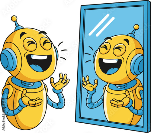 Happy Yellow Robot Laughing at its own Reflection in a Mirror, Concept of AI Self-Awareness, Positive Technology, Digital Identity, and Artificial Consciousness Vector Illustration