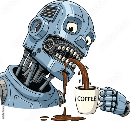 Blue Robot with Visible Gears Spilling Coffee from a White Mug, Concept of Technical Malfunctions, Automation Limitations, Robotic Design Errors, and Workplace Humor Vector Illustration