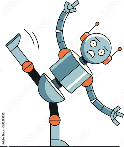 Clumsy Robot Losing Balance and Tipping Over, Concept of Mechanical Glitches, Unsteady Automation, Calibration Errors, and Humorous Technology Failures Vector Illustration