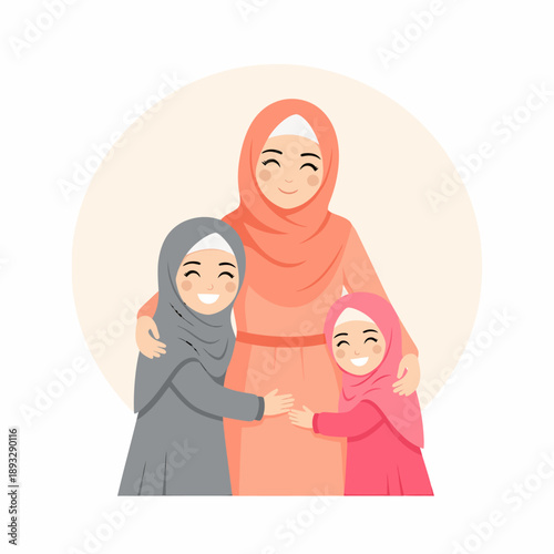 happy muslim mother with daughters hugging ramadan.
