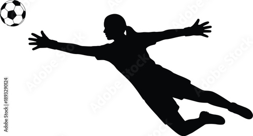 Dynamic silhouette of a soccer goalkeeper making a dramatic diving save in mid-air
