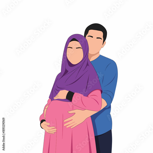 pregnant muslim couple embracing expectant mother and father ramadan.