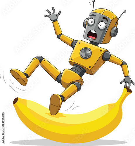 Funny Yellow Robot Slipping on a Giant Banana Peel, Concept of Technical Glitches, Automation Mistakes, Troubleshooting, and Unexpected Obstacles Vector Illustration