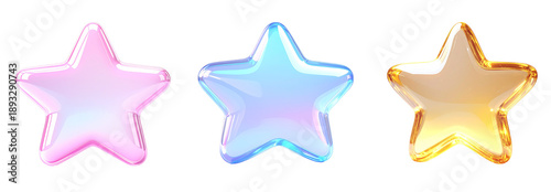 Three glossy, translucent, colorful star shapes, rendered in pink, blue, and gold, isolated on a transparent background.