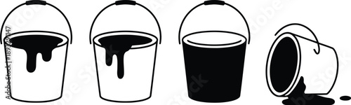 Collection of paint buckets depicting various states from full to spilled
