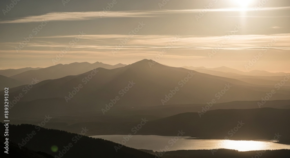 Naklejka premium Mountain range with lake and sun rays shining through atmospheric haze