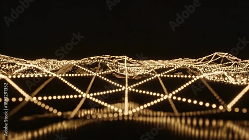 Abstract Golden Light Grid With Reflective Surface And Black Background Minimalist Digital Art